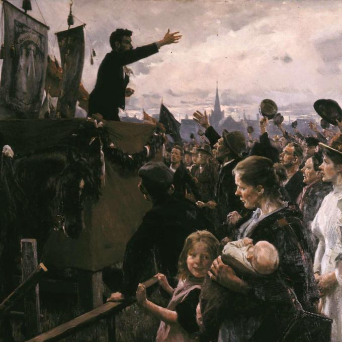 Mand på talerstol på Fælleparken. Maleri fra 1899 af Erik Henningsend. Maleri