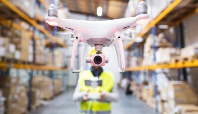 Lagerarbejder i gul vest med drone